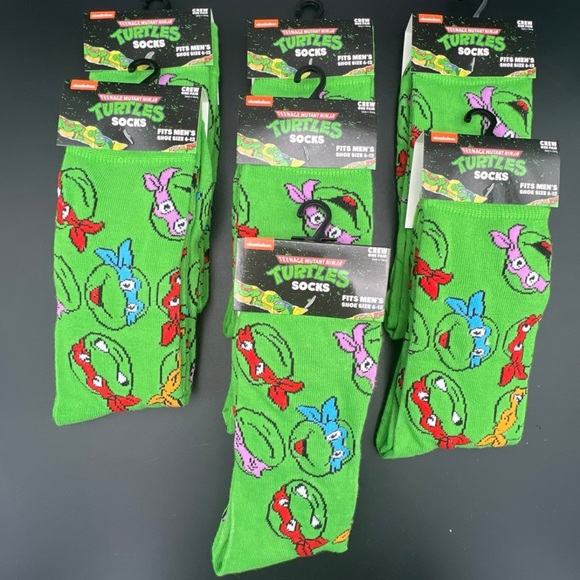 Teenage Mutant Ninja Turtles Crew Socks Size 6-12 Nickelodeon Green Lot Of 7 - Picture 2 of 6